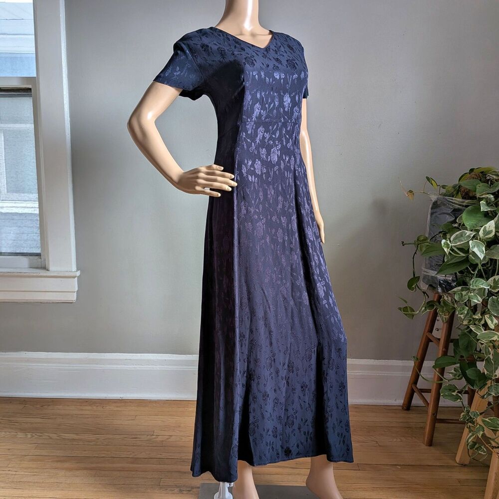 Vintage 90s Laura Ashley Dark Blue Floral Maxi Dress Cottagecore Size 4